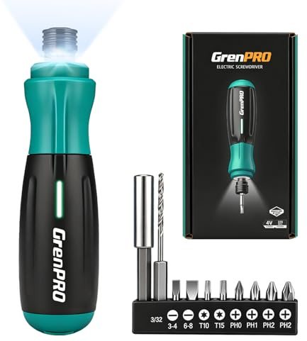 GRENPRO 4V Electric Screwdriver, Rechargeable Cordless Screwdriver Set with 10 Bits, LED Light, Left/Right Rotation, USB Charging Cable, Ideal for Home Repairs