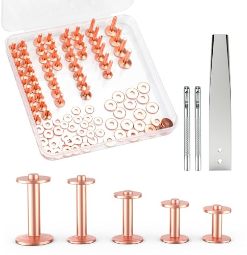 Funria 104PCS Kupfernetten für Leder 5 Größe von Kupfernetten und Burrs Ledernetten Kit mit Setter Werkzeug Nieten Befestigungsmittel und Punch Lederkraft Zubehör für Gürtel Brieftaschen DIY (50 Sets)
