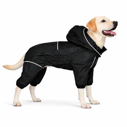 LOVELONGLONG Wasserdichter Hunde-Regenmantel mit abnehmbarer Kapuze – Outdoor-Ganzkörper-Hundejacke, winddicht, schneefest, für alle Jahreszeiten, Regenausrüstung, Schwarz, Größe XXL