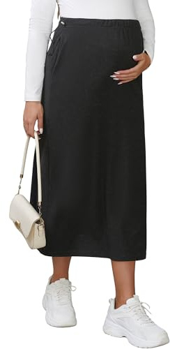 MARI GABRIEL Womens Maternity Midi Skirts Adjustable High Waist Over Belly Stretchy Jersey Knit Pregnancy Sweat Skirt X-Large Black