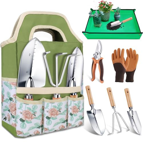 Set di attrezzi da giardino Kynup, set da giardino in acciaio inossidabile da 7 pezzi con borsa per attrezzi da giardino, robusto set di attrezzi da giardino inossidabile per la cura delle aiuole e