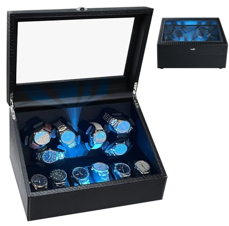 GAIN EXPRESS Caricaorologi per Orologi Automatici, 6 Orologi con Retroilluminazione a LED, Motore Silenzioso, Modalità di Rotazione Multiple, Scomparti Portaoggetti e Tecnologia Smart Open-Lid Stop