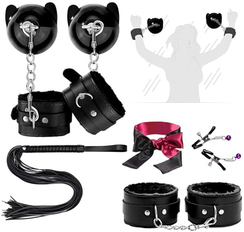 Sex Bondage Cuffs BDSM Kit Restraints 6 PCS Set,Adult Kinky Toys with Portable Suction Cup Hooks Blindfold for Bed Bathroom Play,SM Games Sex Toys for Men Women and Couples