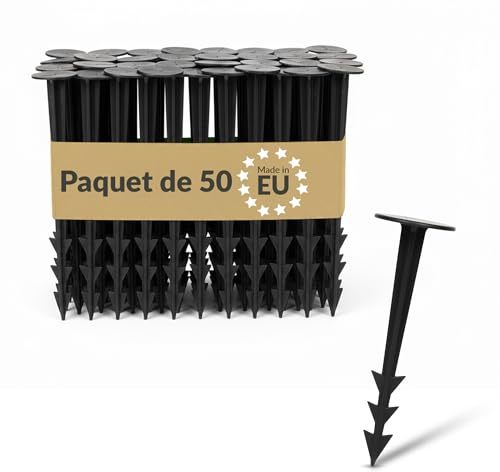 BAKOKI Anclaje de plástico para Suelo, fijación de 50 Unidades, Resistente a los Rayos UV, construcción Acanalada y púas, Cabeza Ancha, Ideal para vellón de Malas Hierbas, geotextil, mantillo, césped