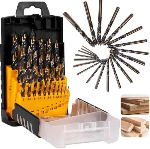 25Pcs Brad Point Drill Bit Set, Titanium Coated HSS Full Ground Wood Drill Bits for Hardwood & Softwood, 1-13mm (0.5mm Step) with Storage Case