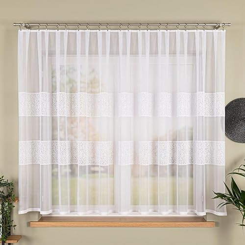 Gardinen Vorhangen Weiß Jacquard 300x180 cm (BxH) Moderne Gardine Ivona Fertiggardine mit Kräuselband Pflegeleicht Transparenter Voile Wohnzimmer Schlafzimmer Fensterdeko