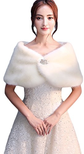 Icegrey Damen Kunstpelz Braut Schal Umhang Mit Strass Brosche Hochzeit Cape Winter Brautjacke Für Abend Partei Brautjungfern Elfenbein Weiß