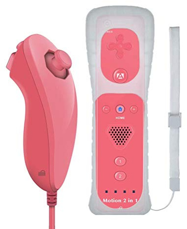 ameego GN-010RN Built-in Motion Plus Wireless Remote and Nunchuck Controller with Silicone Case & Wrist Strap for Nintendo Wii and Wii U (Hot Pink)