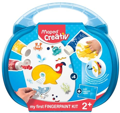 Maped Kit de Pintura de Dedos para Niños, Mi Primera Pintura, Incluye Pegatinas, Plantillas y Mantel, 3 Tubos de Pintura Acrílica, Secado Rápido, Maletín Reutilizable