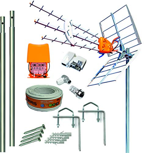 Kit Antena T E L E V E S 5G + Amplificador y Fuente + 2 Mástiles 1.2m + Garras + Conexiones + 20m Cable