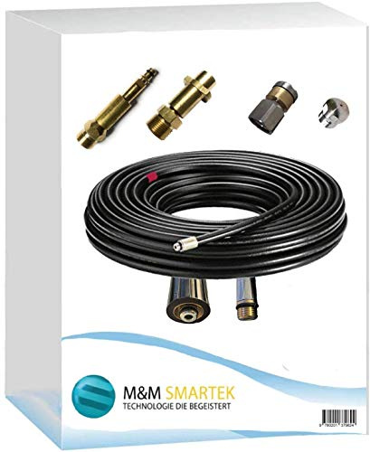 M&M Smartek Rohrreinigungsschlauch 50m, 5-Teilig mit Quick-Click | Mit starrer und rotierender Edelstahldüse, robustem Messing-Bajonett und Quick-Click-Adapter für M22-Hochdrucksysteme.