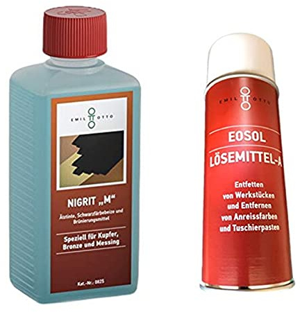Brünier-Profi-Set 250 g Schwarzfärbe-Schnellbeize NIGRITM, Kaltbrünieren - Schwarzfärben von Kupfer, Bronze u. Messing + 400 ml Lösemittel A in Spraydose, Säubern u. Entfetten von Werkstücken