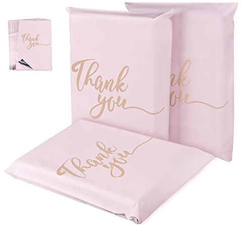 Lot de 60 sacs Enveloppes plastiques d’expédition 300 x 400 mm,Avec inscription Thank You Pour vêtement, livre, boîte à chaussure (Rose champagne)