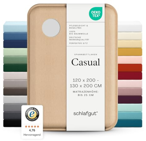 schlafgut Casual Spannbettlaken 120x200 cm 100% Bio-Baumwolle, Grey Light | Bettlaken, Spannbetttuch 130x200 cm, Grau, Jersey, Sommer, 150 g/m², bis 25 cm Steg, Made in Green