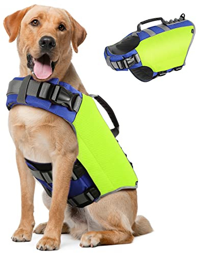 Pawaboo Dog Life Jacket, Reflective Dog Safety Vest Adjustable Pet Life Preserver with Strong Buoyancy & Sturdy Rescue Handle, Ripstop Dog Lifesaver Vests for Swimming, Boating - Bright Yellow, XL