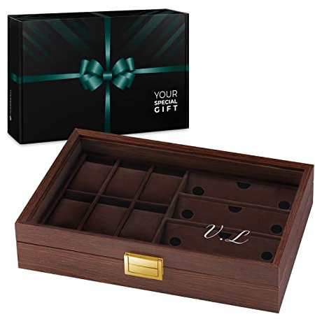 Maverton Boîte à 6 montres et 3 lunettes - Boîte à Bijoux personnalisable - pour lui - Coffret en bois avec gravure pour hommes - Accessoire pour papa - pour anniversaire - Initiales