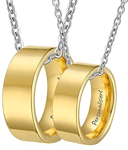 KnSam Kette Pärchen 2er, Wolfram Anhänger Ringe 8mm Poliert Partner Kette Gravur Gold, Herrenkette 60cm, Damenkette 50cm, Größe 54 & 62