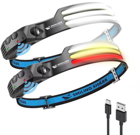 Smiling Shark Stirnlampe, 230°Wide Angle 3*Farben LED-Streifen 2 Stück Headlight Wiederaufladbar mit Wasserdichte Kopflampe Camping Joggen Angeln, Stirnlampe-LED-Headlight-Camping-Kopflampe