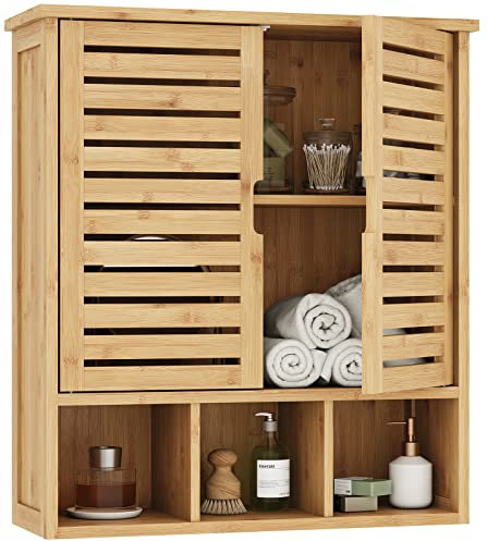 VIAGDO Hängeschränke fürs Bad, Wandschrank, Medizinschrank aus Holz mit 2 Türen und verstellbaren Regalen über der Toilette, Badezimmerschrank Hängend mit 3 Fächern, Badschrank Wandmontage, 59x21x67cm