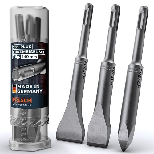 Presch SDS-plus Juego de Cinceles de 3 Pzs. - Plano, Ancho y Puntiagudo - Puntas Extremadamente Robustas y Duraderas - (Longitud 140 mm) Para Golpes Potentes