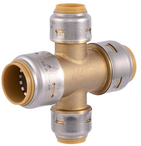 SharkBite Max 3/4 x 3/4 x 1/2 x 1/2 Inch Cross Tee, Push to Connect Brass Plumbing Fitting, PEX Pipe, Copper, CPVC, PE-RT, HDPE, UR380A