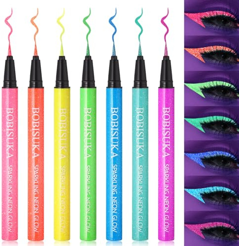 BOBISUKA UV Glitter Eyeliner Set 7 färger, Neon Eye-liner Färgglad Vattenfast, Långvarig, Flytande Eye-liner för rockkonserter, fester, baler, festliga makeovers