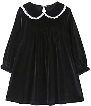 Mud Kingdom Vestido de terciopelo para niñas de 2 a 10 años, cuello Peter Pan, manga larga, Negro, 5 años