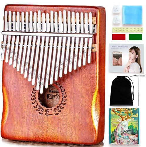 Everjoys Kalimba Daumenklavier 21 Tasten Professionelles Musikinstrument Finger Marimbas mit tragbarer Tasche aus weichem Stoff Schnelles Liederbuch Stimmhammer All in One Kit（21 Key）