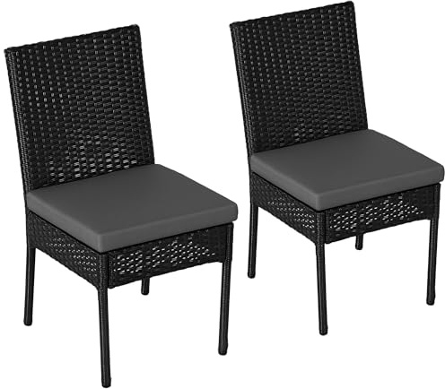 Outsunny 2 Stück PE Rattan Gartenstühle mit Kissen Terrasse Korbgeflecht Esszimmerstühle mit Rückenlehne für Terrasse, Deck, Garten, Schwarz
