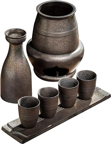Set e tazze per sakè con scaldavivande, scatola regalo per conservare il sakè, bevanda calda per sakè tradizionale in porcellana ceramica, 8 pezzi inclusi fornello a candela, tazza riscaldante, pentol