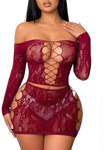 Buitifo Set Lingerie Donna Bodysuit Biancheria da Notte Sexy(Rosso Scuro xkjc,Taglia Unica)