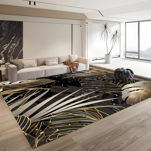 Tappeto Salotto Moderno Pelo Corto - Tappeti Moderni Soggiorno - Tappeti Camera da Letto - Tappeti Salotto Grandi Dimesnioni - Motivo Foglie di palma calde con piante in nero e oro- 160cm x 230cm