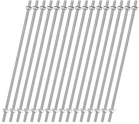 sourcing map 16pcs 8/32 Inch M4 Threaded Rods with 40pcs Hex Nuts and Washers 10 Inch 201 Stainless Steel Full Threads Right-Hand Thread for Hangers, U-Bolts, Beaded Garden Stake Rods, Silver