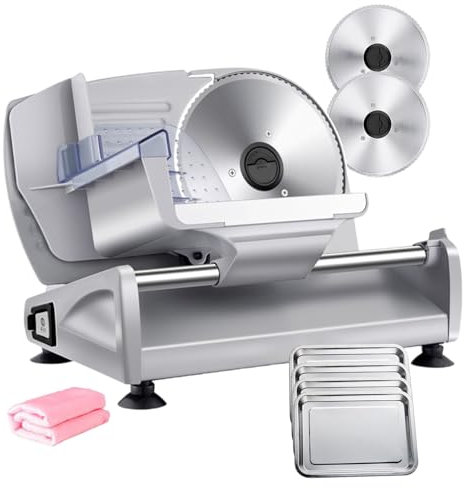 forplubossmmp Electric Food Meat Slicer for Commercial, 200W Ham Slicing Machine Home Vegetable Cutter Machine, Household Meat Chopper 1-15mm Adjustment Stainless Steel (with 4 Tray and Towel)
