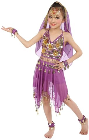 Indisches Tanzkostüm für Kinder, Kindertanzshow, Bauchtanz, Pailletten-Netz-Set Kinder Pullover Mädchen 128 (Purple, 5-9 Years)
