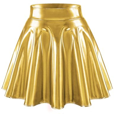 Bridesmay Falda Skater Acampanada para Mujer - Falda Corta Elástica Brillante con Talle Alto para Fiesta, Noche de Discoteca y Baile TJ Golden XL