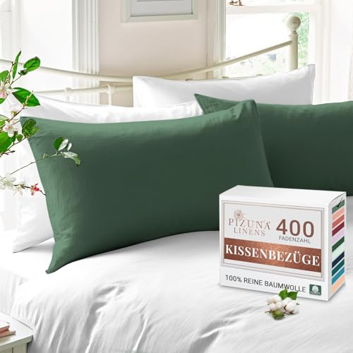 Pizuna 2er Pack Kissenbezug 40x80 cm Baumwolle Heckengrün 400 Fadenzahl | Luxuriöser Soft-Satin 2er Pack Kissenbezüge, 100% Langstapel Baumwolle Nur Kissenbezug Hecke Grün,40x80 cm Mako Satin
