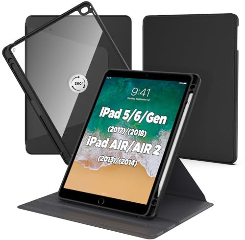 CACOE Rotierende Hülle für iPad 9.7'' (6. /5. Generation 2018 2017)/ iPad Air/iPad Air 2 mit Stifthalter, 360 Grad Drehbare Schutzhülle Acryl, Transparente Rückseite Stoßfest Grenze (Schwarz)