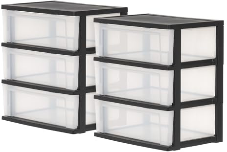 Iris Ohyama 2er-Set Großer Schubladenschrank Kunststoff, Rollcontainer mit 3 Schubladen à 34L, Robuster Aufbewahrungsturm für Büro, Garage & Schlafzimmer, BPA-Frei, Schwarz, NSW-603
