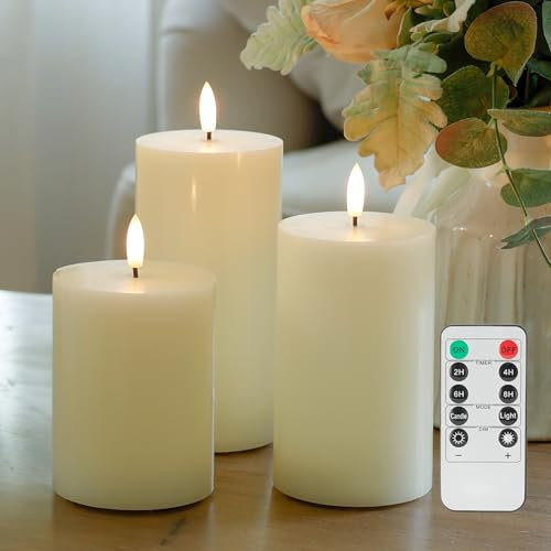 JOIONE Flameless Pillar Candles with Remote, 3 Pack Battery Operated Real Wax LED Candles, Perfect for Home Decorations Fireplace Table, Ivory