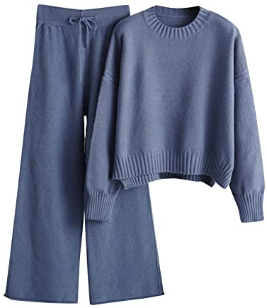 HEONSATI Tuta in Maglia da Donna Eleganti Completi 2 Pezzi Lavorati Comodo Completo Pullover Top Maniche Lunghe Pantaloni a Gamba Larga in Vita Tute Sportive Invernale Set Di Maglia Leggera