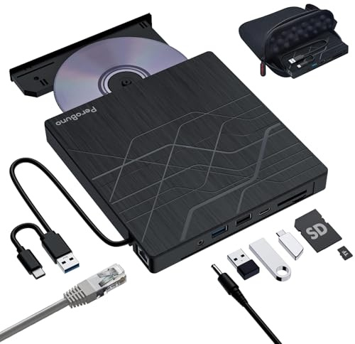 Super External CD DVD Drive, USB 3.0 DVD Burner with Ethernet Adapter, 3 USB and 2 TF/SD Card Ports, CD DVD Player Reader Writer Optical Disk Drive for Laptop PC Mac Windows Linux with Carrying Case