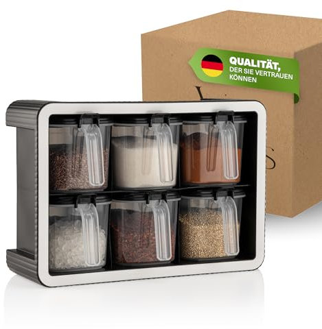 Viwares Gewürzdosen 6er Set mit Wandhalterung und Löffeln, Luftdicht, BPA-frei & Transparent, Gewürzdosen für organisierte Küche, Modernes, platzsparendes Gewürzregal mit Aromaschutz, 550ml