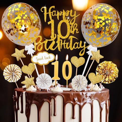 Tortendeko 10 Geburtstag Junge Mädchen, Happy 10th Birthday Cake Topper | Geburtstagsdeko 10 Jahre Junge Cake Topper mit Geburtstagskerzen, 20 Pcs Tortendeko Gold Deko 10. Geburtstag