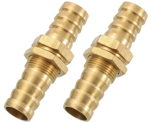sourcing map 2Pcs 1/2 Hose Barb Fitting, Brass Hex Straight Union Hose Pipe Water Bulkhead Fitting for Water Fuel Air, Brass Tone