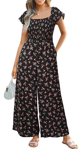 VOTEPRETTY Jumpsuits for Women UK Short Sleeve Square Neck Smocked Wide Leg Long Playsuit One Piece with Pockets Black Red Flower,XL