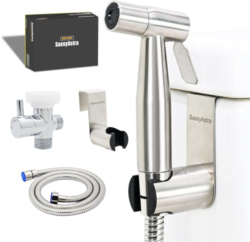 SassyAstra Handheld Toilet Bidet Sprayer — Adjustable Water Pressure, with Hose, Feminine & Pet Wash Kit, Bathroom Hygiene Attachment for Cloth Diaper Cleaning (Quick Install, Stainless Steel)