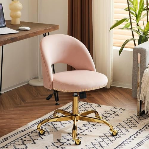 Bonnlo Bürostuhl mit Rollen, Drehstuhl mit goldenen Nieten, Schminktisch Stuhl bis 136KG, Höhenverstellbar Schreibtischstuhl für Arbeitszimmer, Schlafzimmer, Homeoffice (Samt, Rosa)