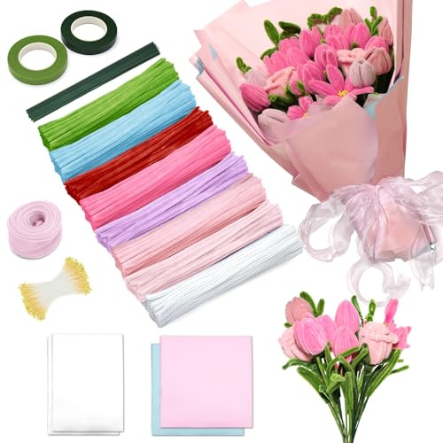 Pfeifenreiniger Set, 500 Stück 8 Farben Pfeifenreiniger Set zur Herstellung von Verschiedenfarbigen Pfeifenreiniger Sträußen, Blumenpapier, Bändern, Dochten, Stäben, kreativen Blumen DIY(Pink)