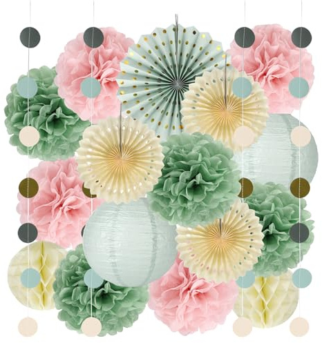 17 Piezas Pompones de Papel Decoraciones de Fiesta Verde Salvia y Dorado Farolillos de Papel Decoracion Cumpleaños para Fiestas Bolas & Guirnaldas para Cumpleaños, Bodas, Eventos